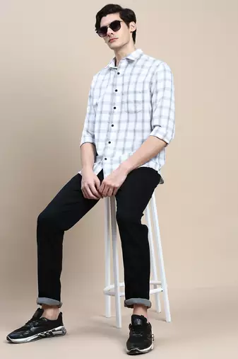 men's long sleeves gingham checks white shirt