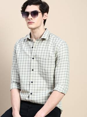 men's long sleeves tartan checks beige shirt 1