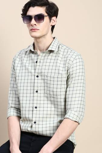 men's long sleeves tartan checks beige shirt