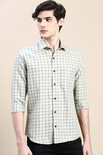 men's long sleeves tartan checks beige shirt