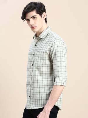 men's long sleeves tartan checks beige shirt 3