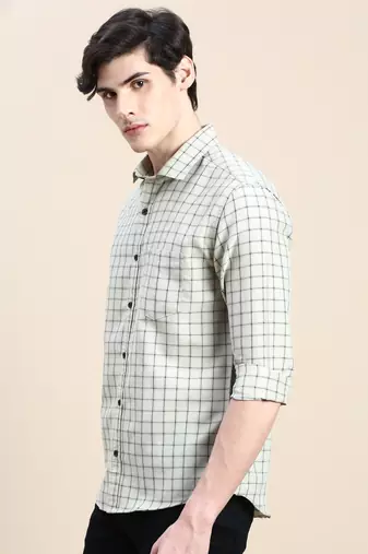 men's long sleeves tartan checks beige shirt