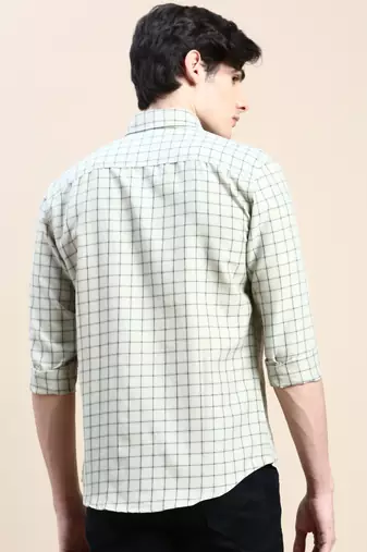 men's long sleeves tartan checks beige shirt