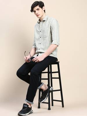 men's long sleeves tartan checks beige shirt 5
