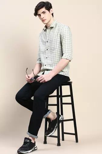 men's long sleeves tartan checks beige shirt
