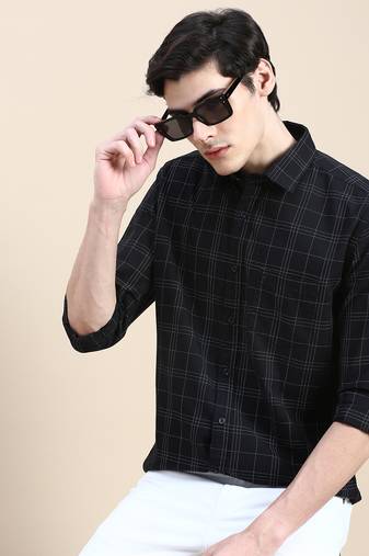 men's long sleeves tartan checks black shirt
