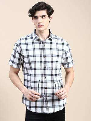men's short sleeves tartan checks white shirt 1