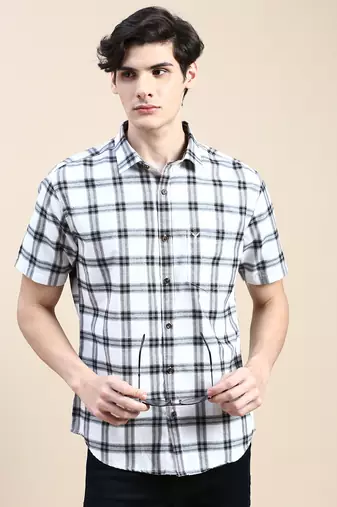 men's short sleeves tartan checks white shirt