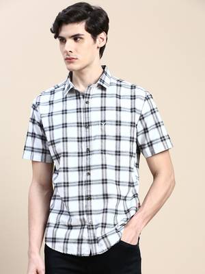 men's short sleeves tartan checks white shirt 2