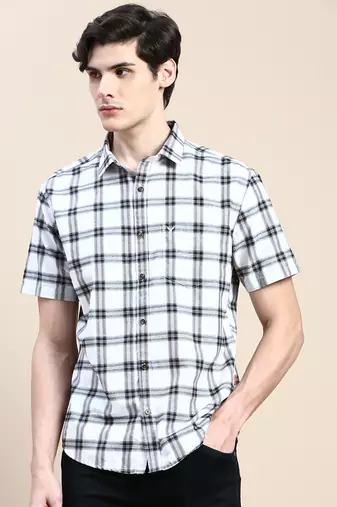 men's short sleeves tartan checks white shirt