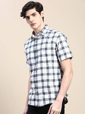men's short sleeves tartan checks white shirt 3