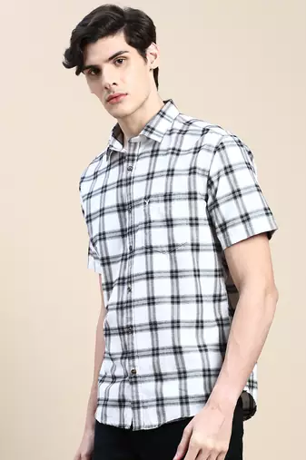 men's short sleeves tartan checks white shirt
