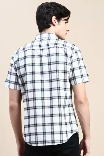 men's short sleeves tartan checks white shirt