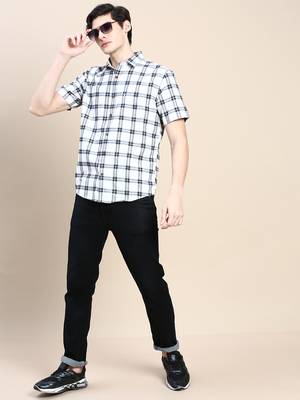 men's short sleeves tartan checks white shirt 5
