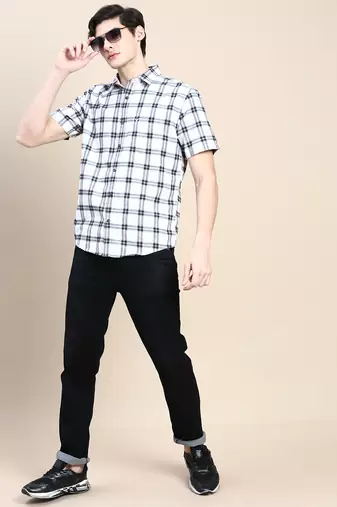 men's short sleeves tartan checks white shirt
