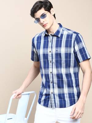 men's short sleeves tartan checks blue shirt 1
