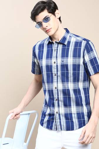 men's short sleeves tartan checks blue shirt