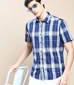 men's short sleeves tartan checks blue shirt
