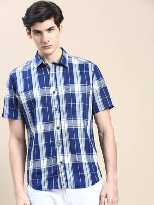 men's short sleeves tartan checks blue shirt 2