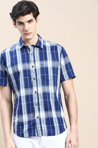 men's short sleeves tartan checks blue shirt