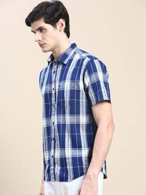 men's short sleeves tartan checks blue shirt 3