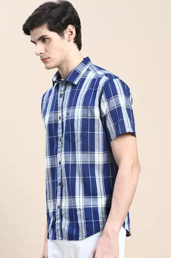 men's short sleeves tartan checks blue shirt