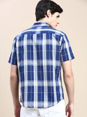 men's short sleeves tartan checks blue shirt 4