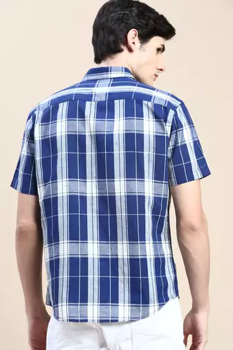 men's short sleeves tartan checks blue shirt