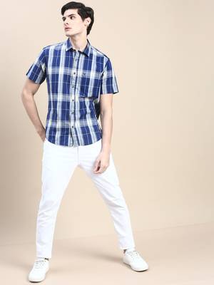 men's short sleeves tartan checks blue shirt 5