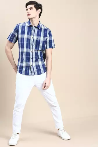 men's short sleeves tartan checks blue shirt