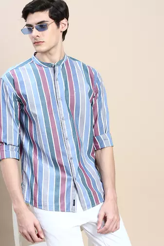 men's long sleeves multi stripes blue shirt