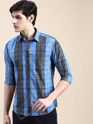 men's long sleeves windowpane checks blue shirt 1