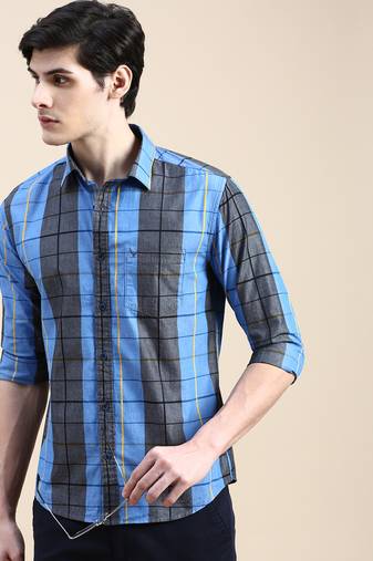 men's long sleeves windowpane checks blue shirt
