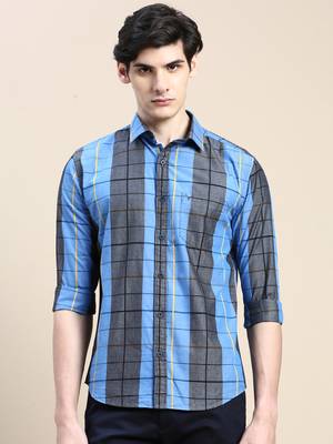 men's long sleeves windowpane checks blue shirt 2