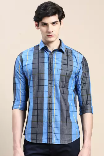 men's long sleeves windowpane checks blue shirt