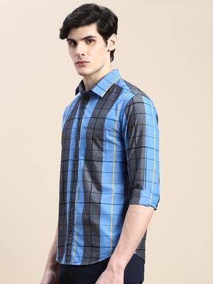 men's long sleeves windowpane checks blue shirt 3