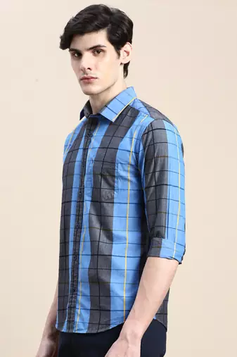 men's long sleeves windowpane checks blue shirt
