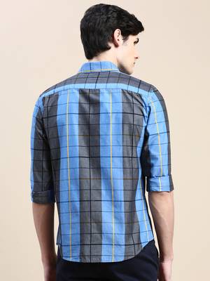 men's long sleeves windowpane checks blue shirt 4