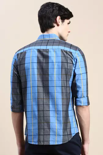men's long sleeves windowpane checks blue shirt