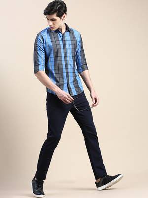 men's long sleeves windowpane checks blue shirt 5