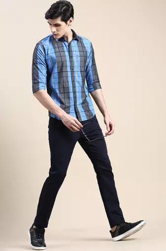 men's long sleeves windowpane checks blue shirt