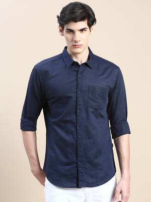 men's long sleeves solid navy blue shirt 2