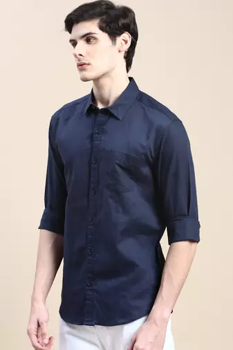 men's long sleeves solid navy blue shirt