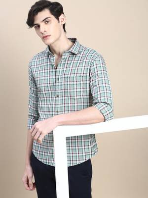 men's long sleeves tartan checks green shirt 1