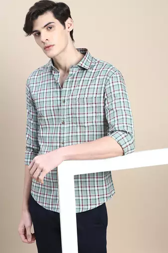 men's long sleeves tartan checks green shirt