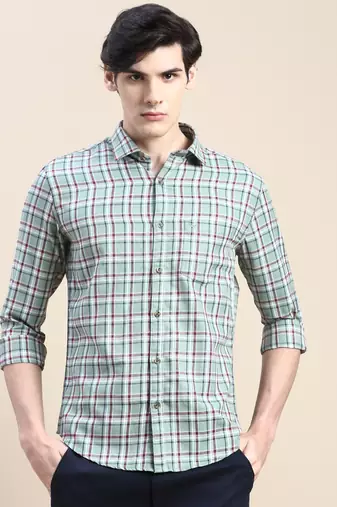 men's long sleeves tartan checks green shirt