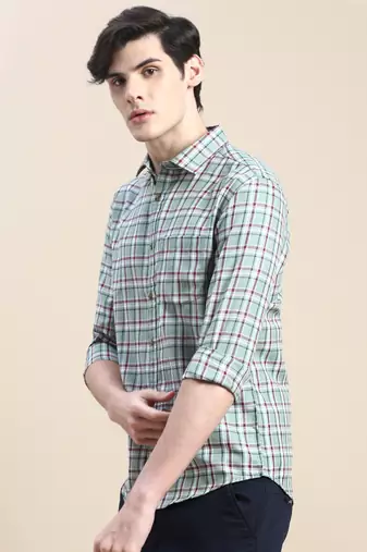 men's long sleeves tartan checks green shirt