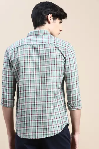 men's long sleeves tartan checks green shirt