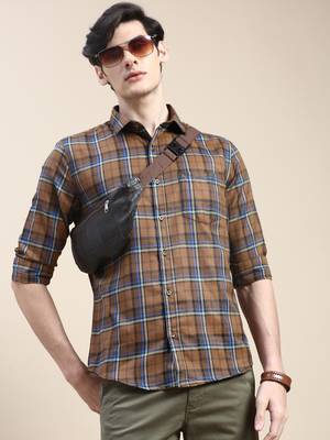 men's long sleeves tartan checks brown shirt 1