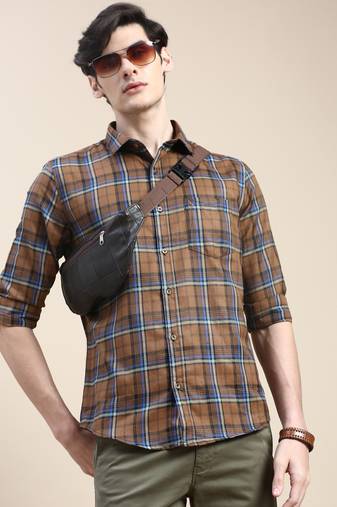 men's long sleeves tartan checks brown shirt